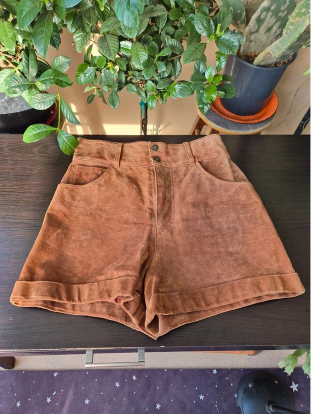 Vintage Express Brown Genuine Suede Leather High Waist Shorts Size 11/12